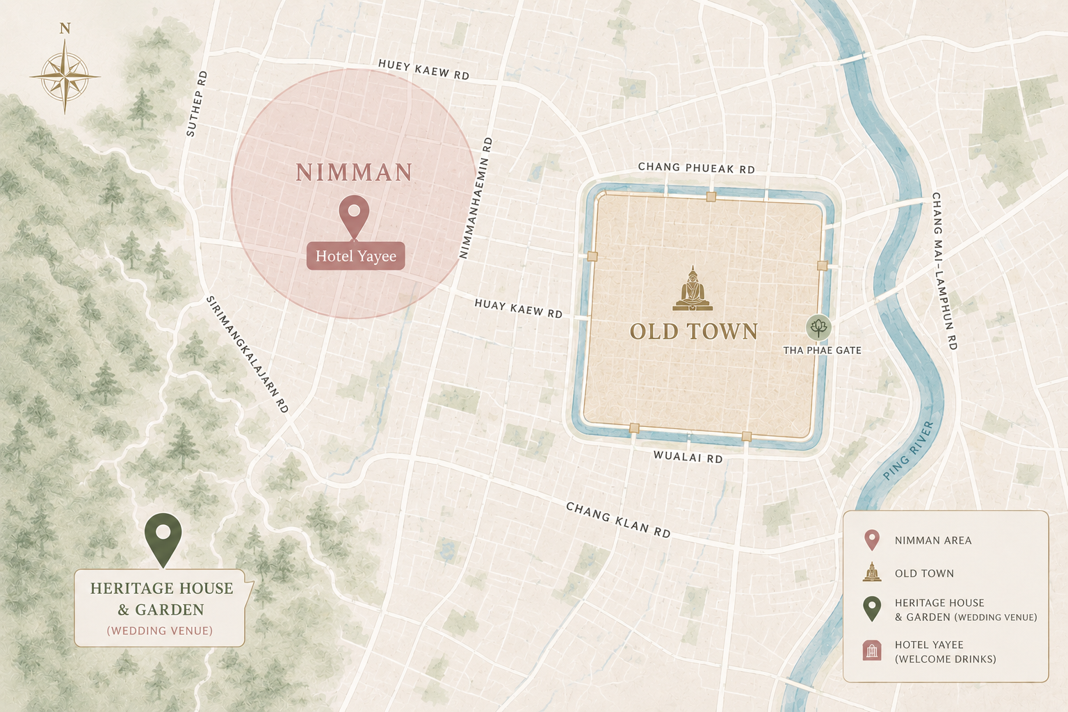 Chiang Mai map showing Nimman, Old Town, Hotel Yayee and Heritage House & Garden